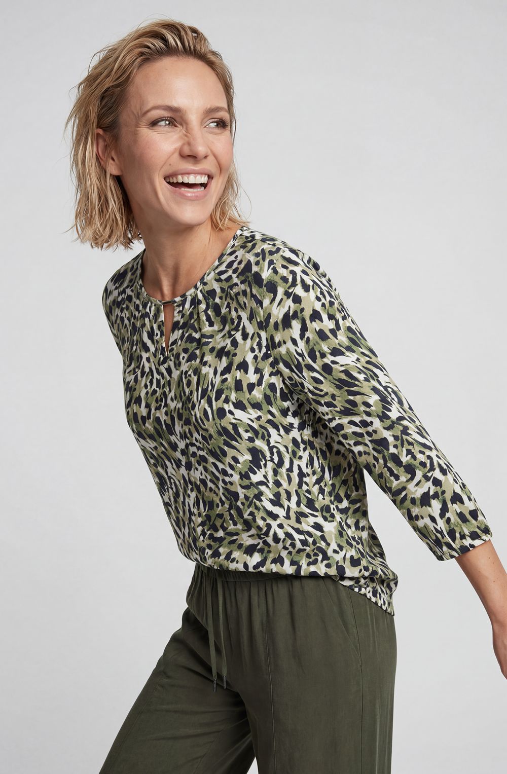 Moss Green Animal Print Peephole V-Neck Top