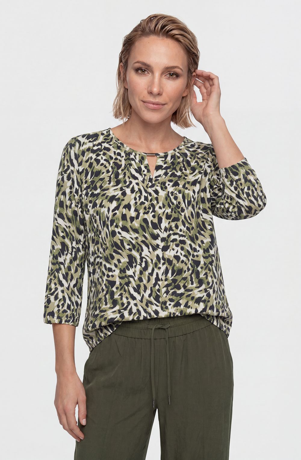 Moss Green Animal Print Peephole V-Neck Top