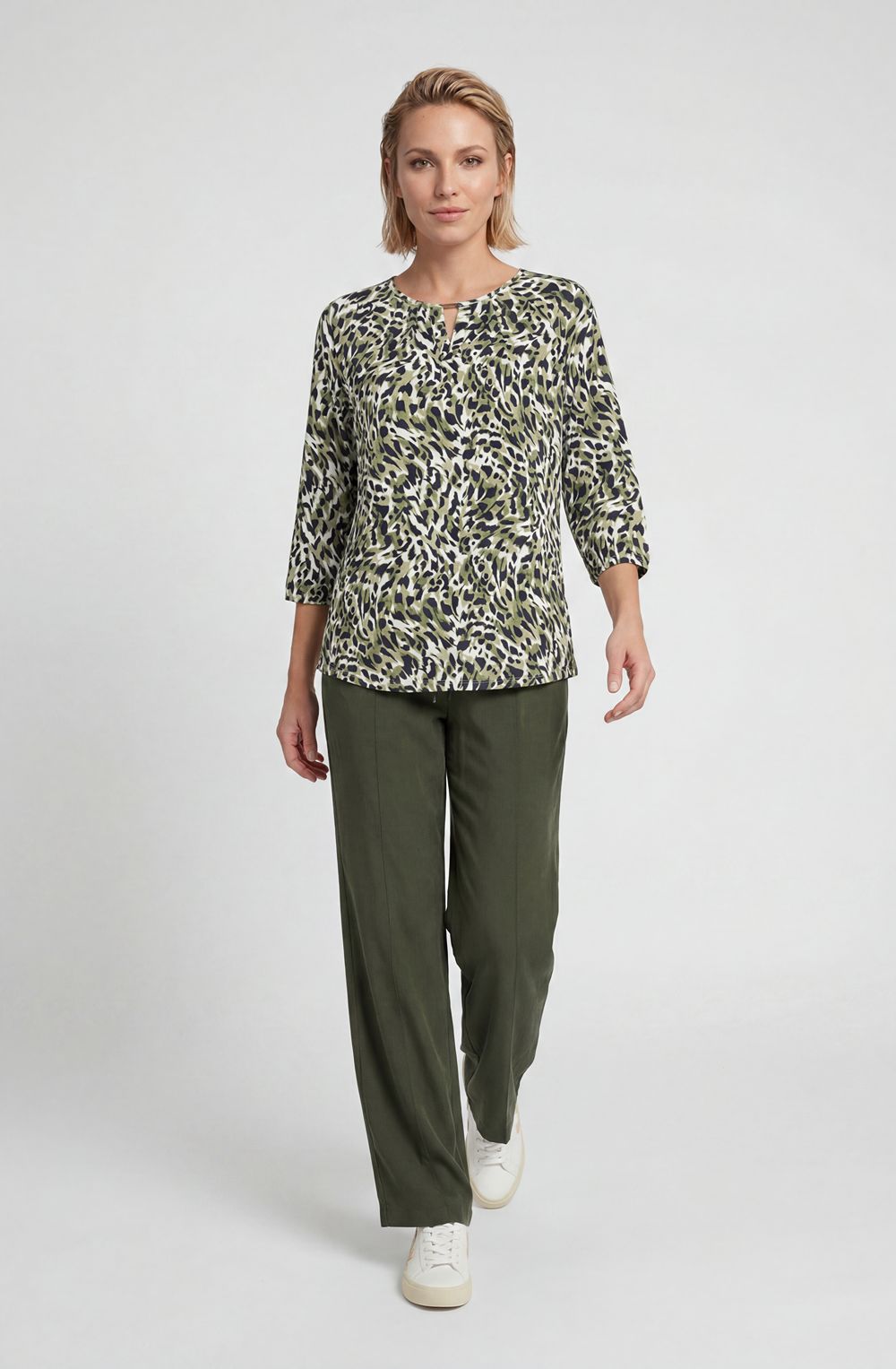 Moss Green Animal Print Peephole V-Neck Top