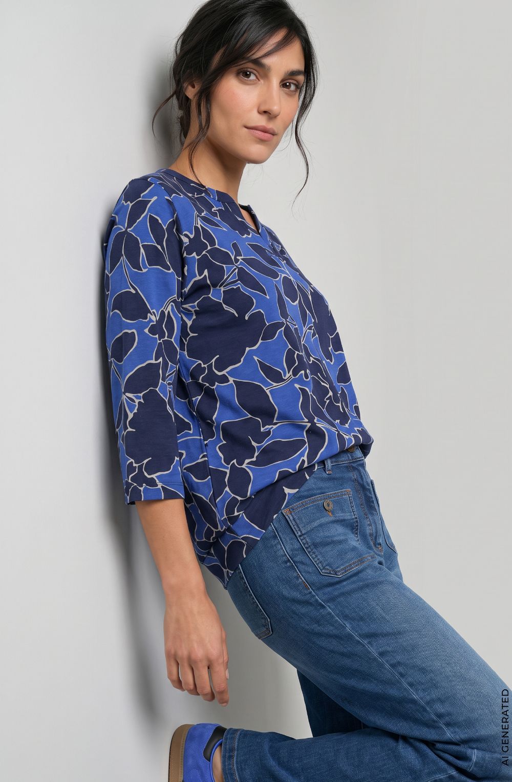 Cobalt Blue Print Fitted Hemline Clara Top