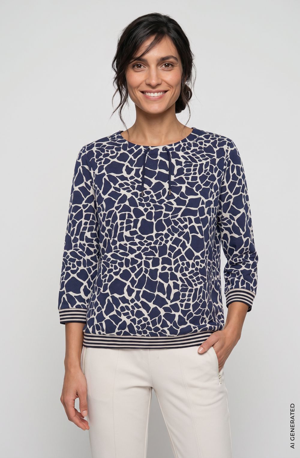Ink Blue Bold Print Faux Drawstring Neck Henny Top