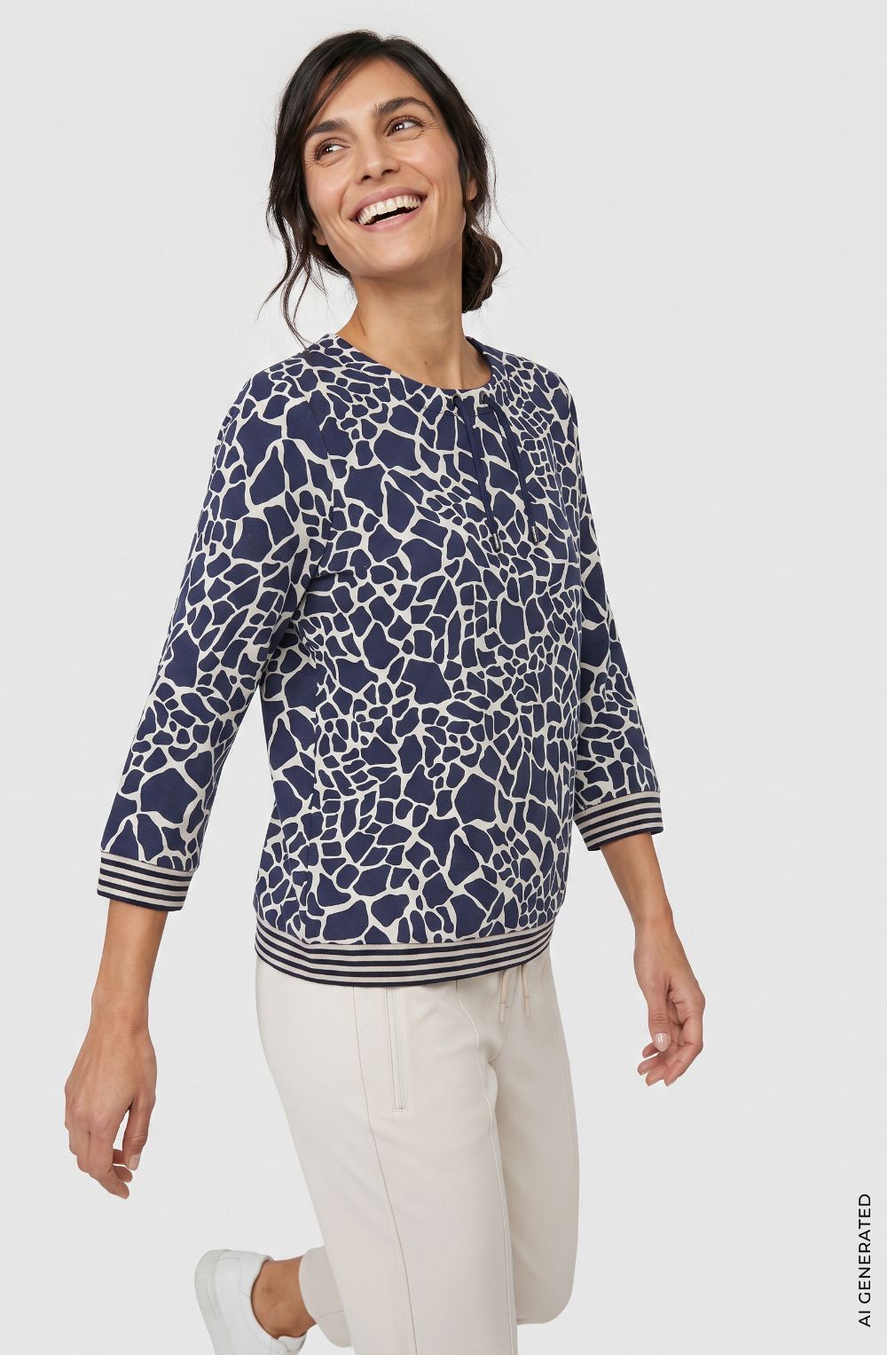 Ink Blue Bold Print Faux Drawstring Neck Henny Top