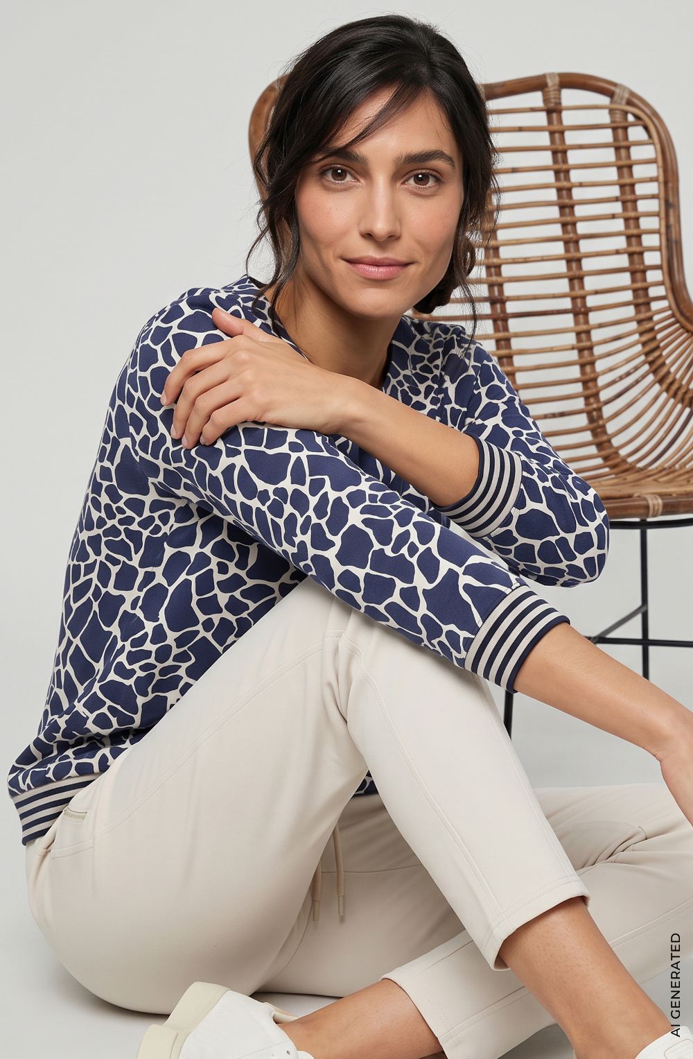 Ink Blue Bold Print Faux Drawstring Neck Henny Top