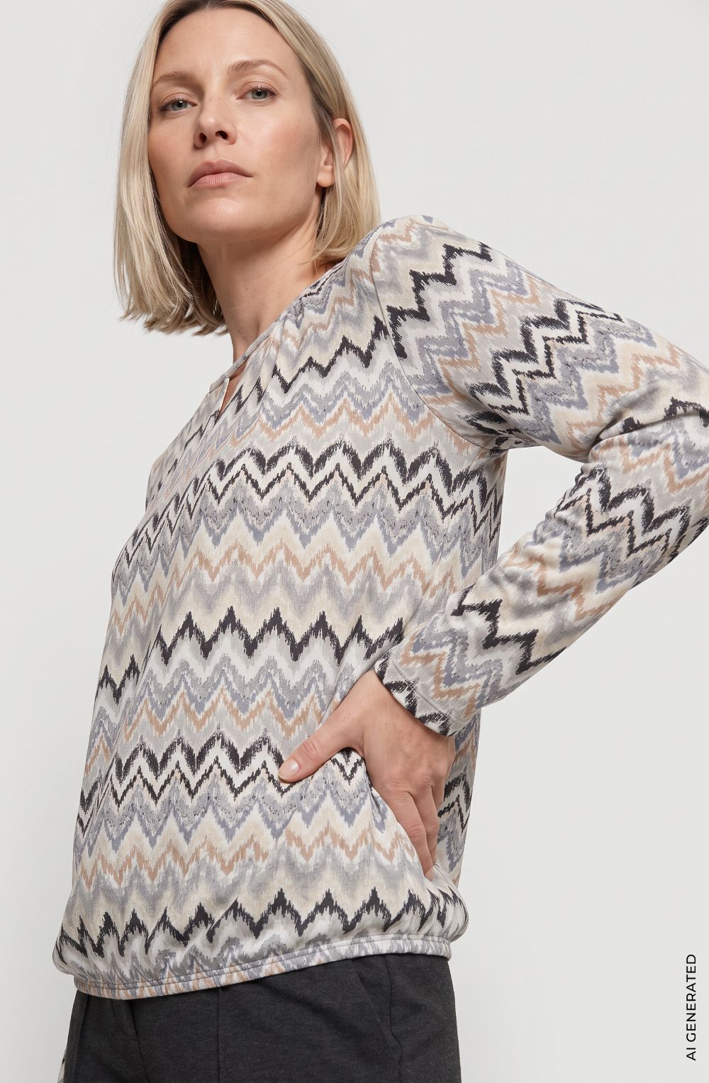 Almond Beige and Blue Peephole Neck Clara Top
