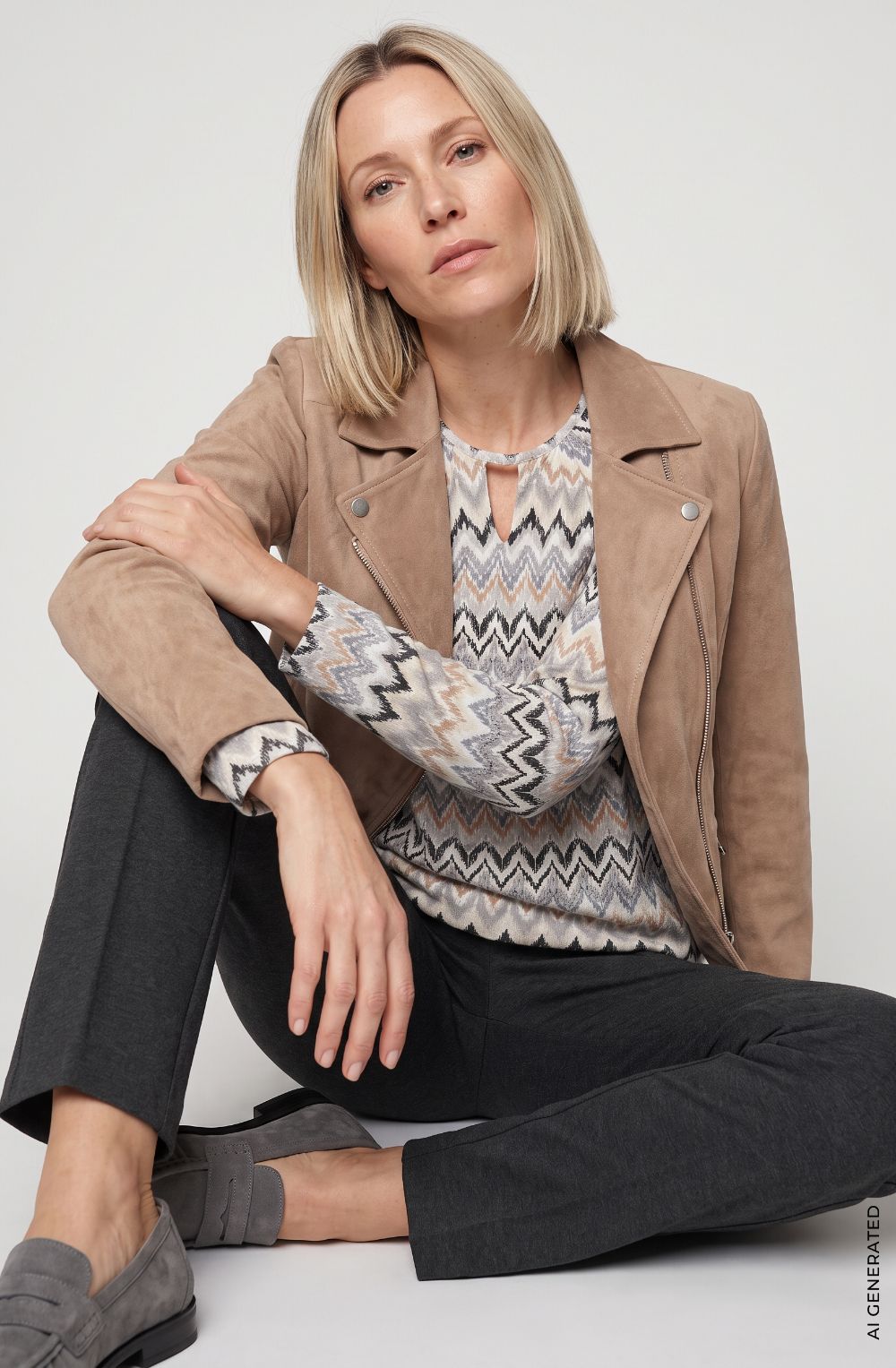 Almond Beige and Blue Peephole Neck Clara Top