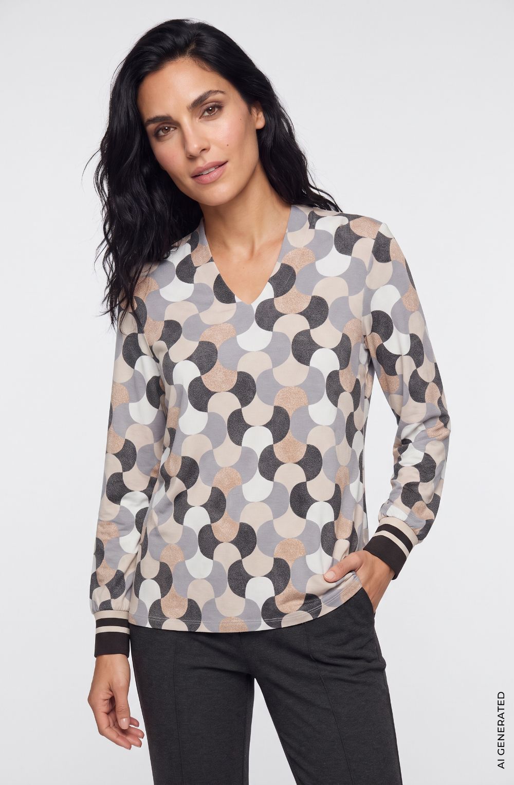 Almond Beige Abstract Print Top