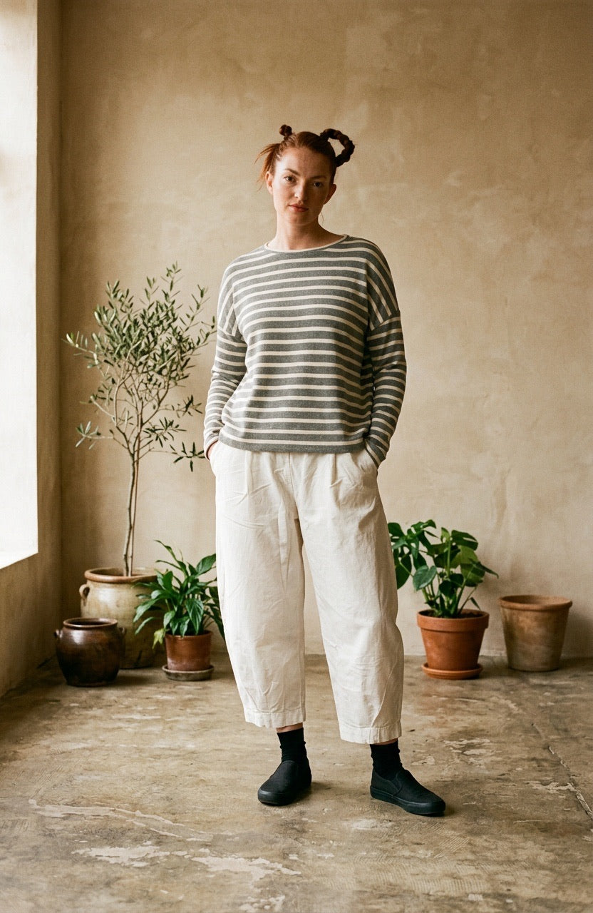 Grey and Latte Stripe Staggered Hem Alison Jumper