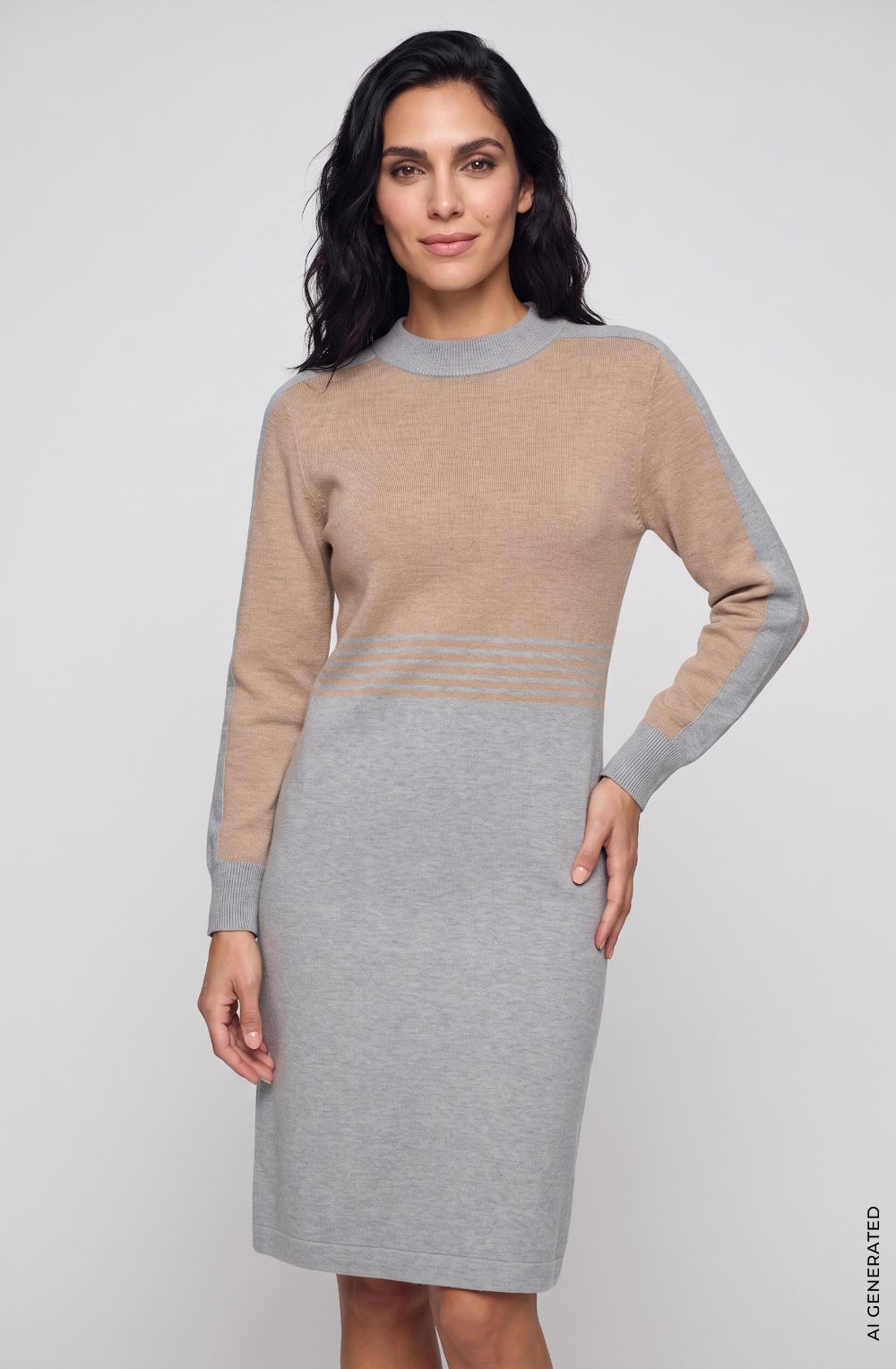 Pearl Grey Melange and Beige Knitted Dress