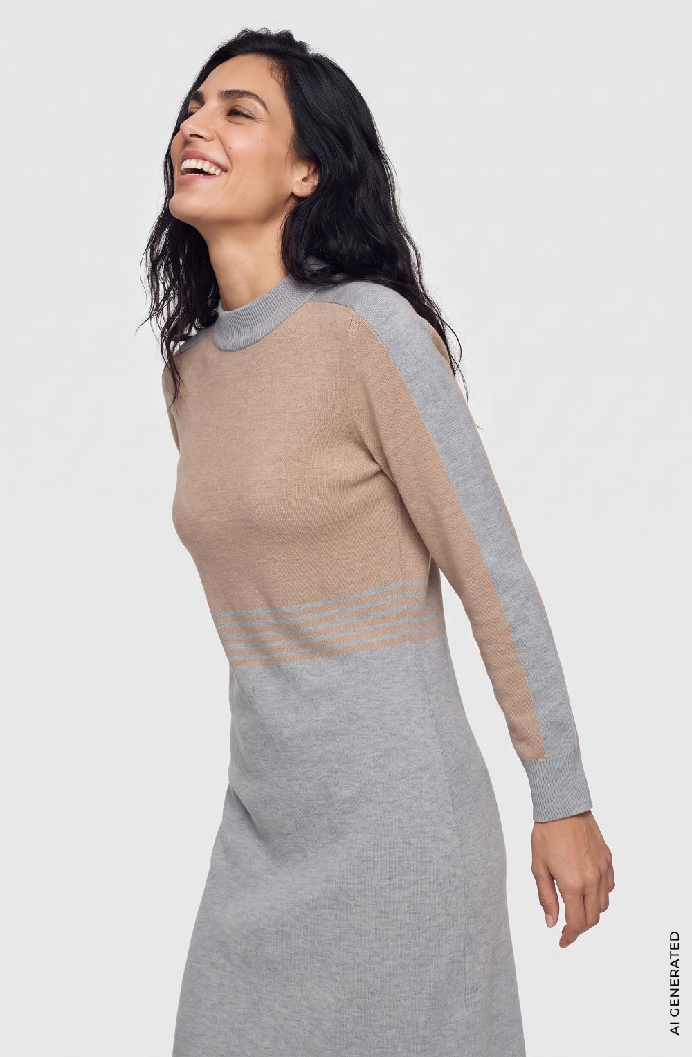 Pearl Grey Melange and Beige Knitted Dress
