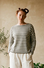 Grey and Latte Stripe Staggered Hem Alison Jumper