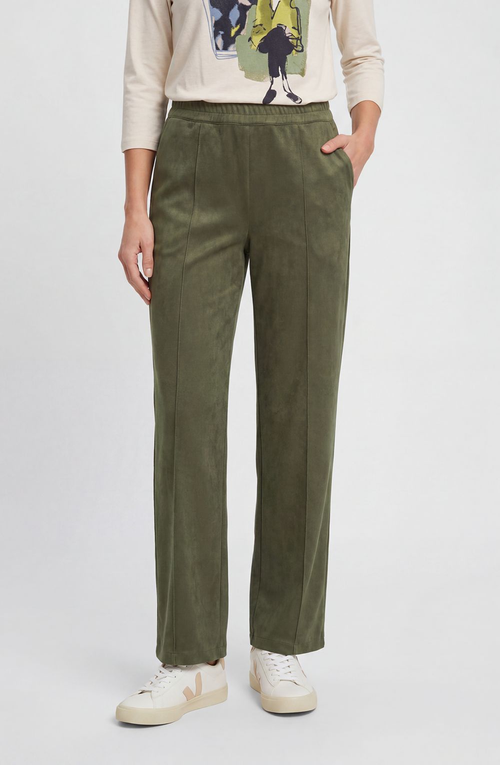 Olive Green Suede Effect Straight Leg Trousers