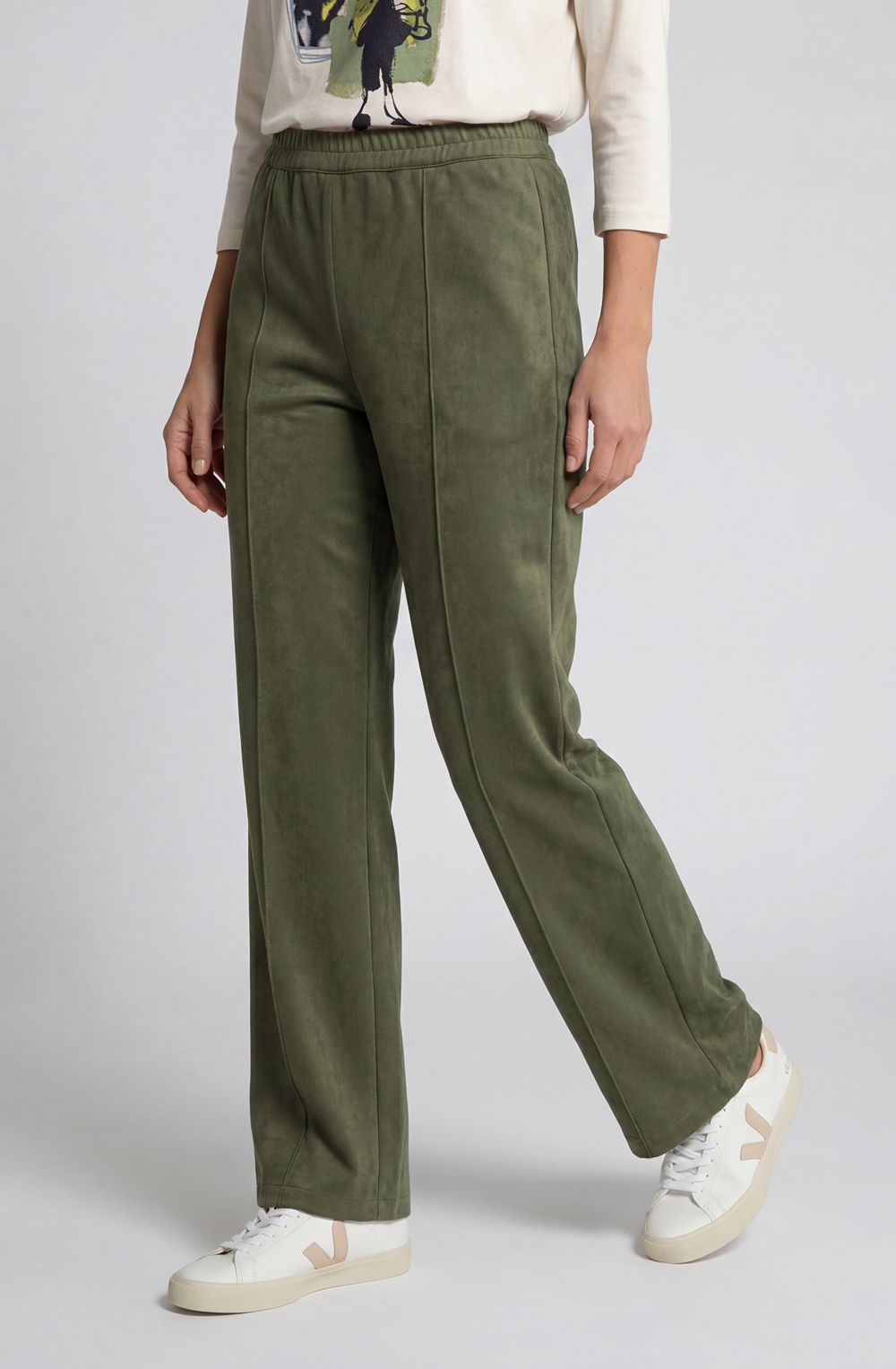 Olive Green Suede Effect Straight Leg Trousers