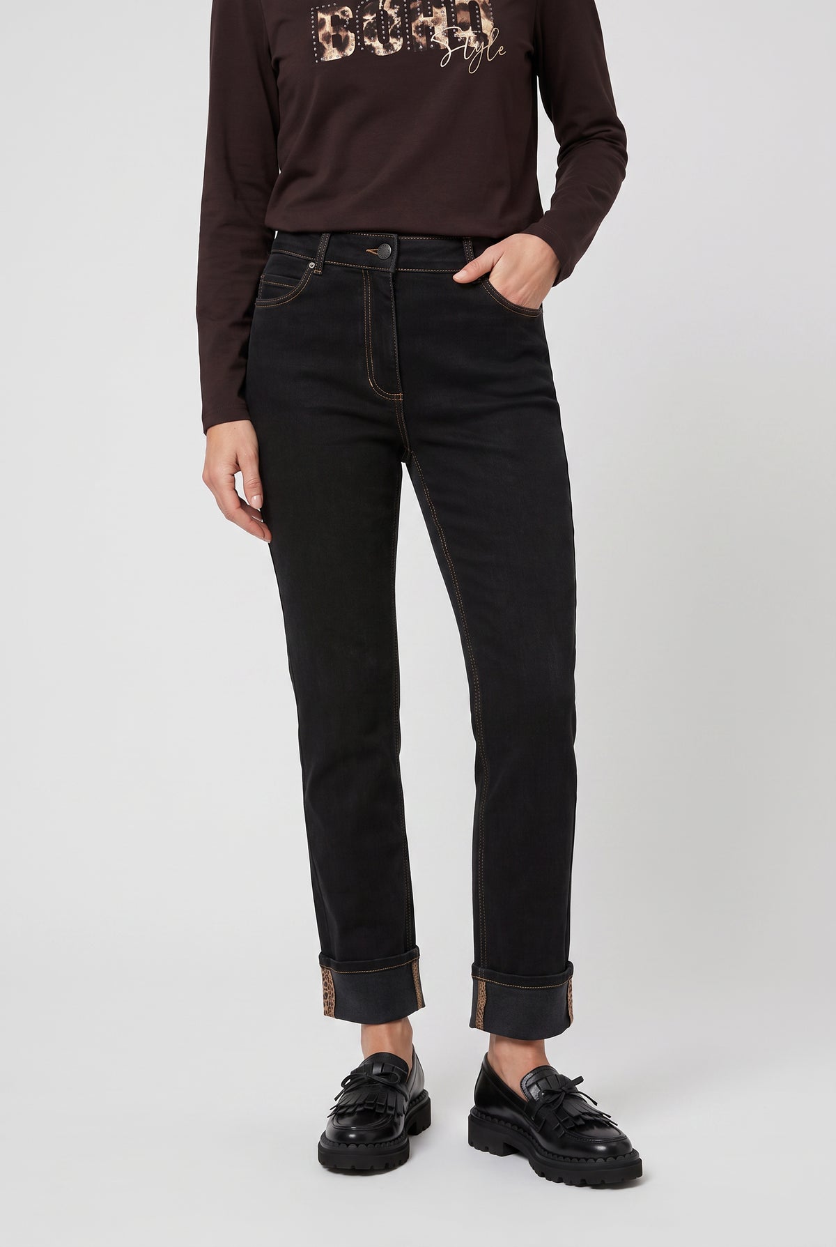 Black Mona Animal Print Detail Straight Leg Jeans