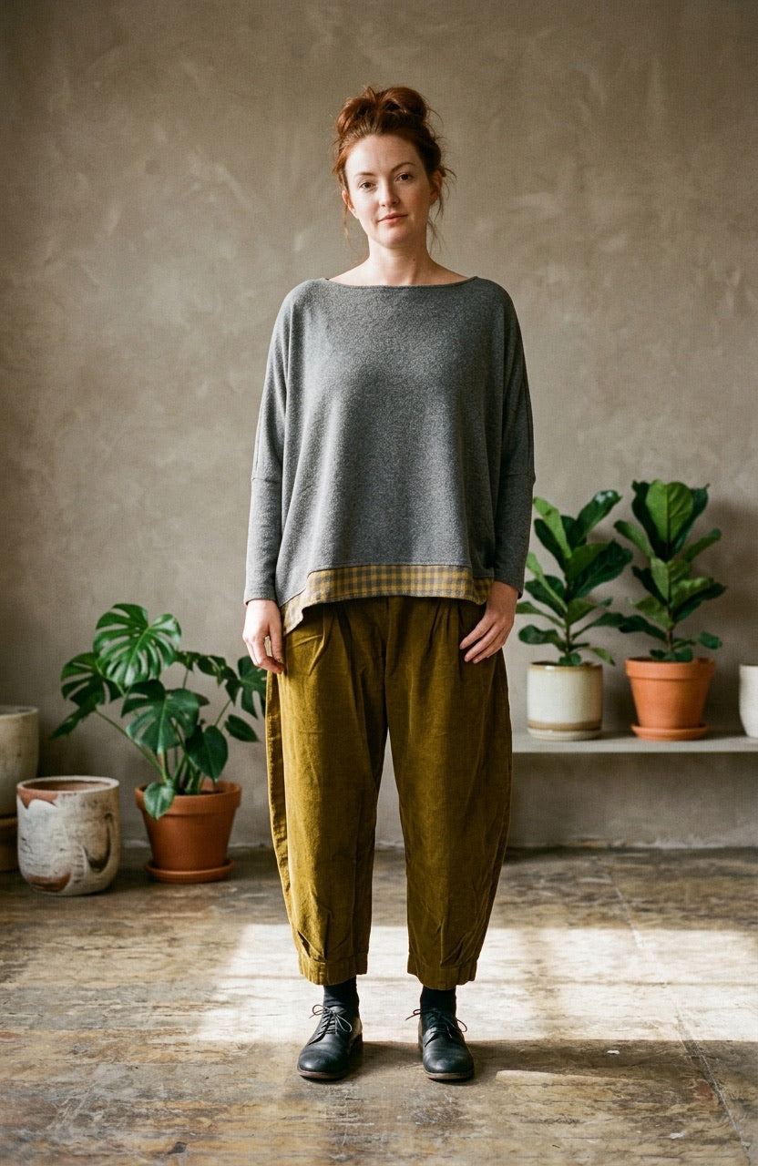 Grigio Bamboo Batwing Jumper with Checked Hem