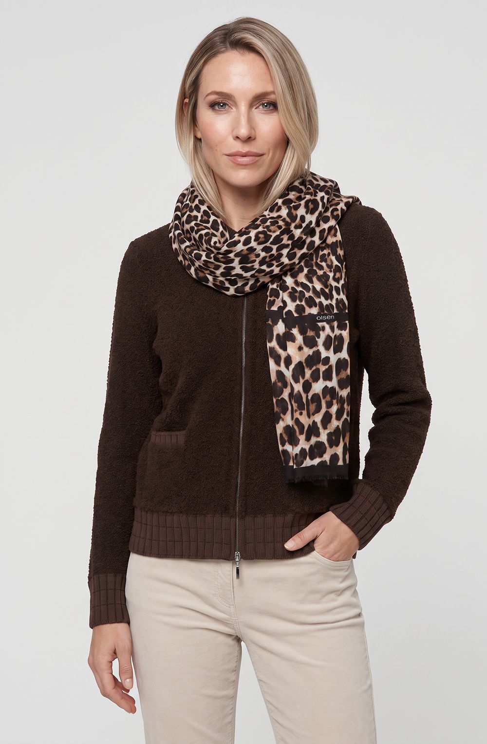 Coffee Bean Animal Print Lightweight Frayed Edge Scarf