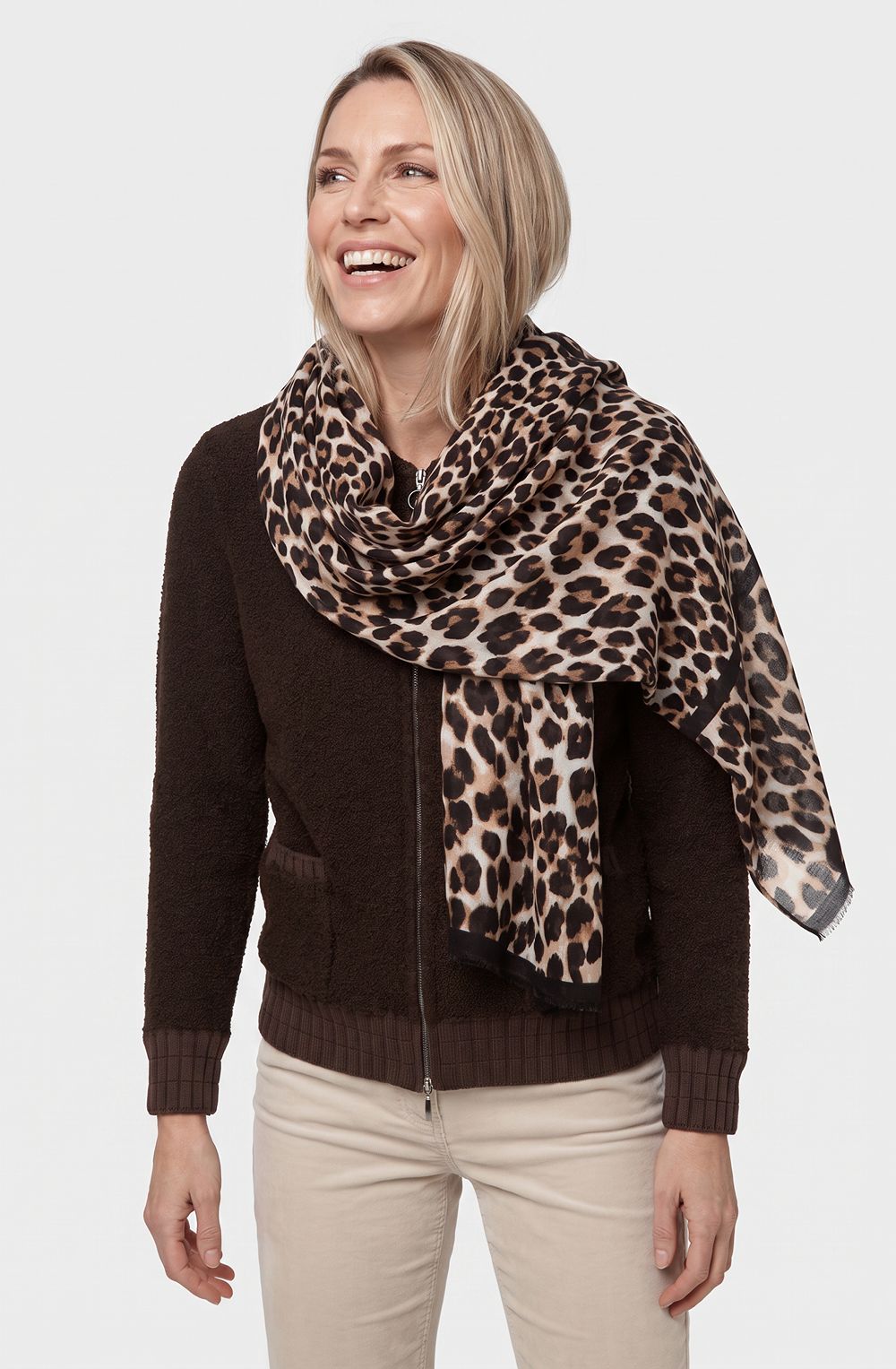 Coffee Bean Animal Print Lightweight Frayed Edge Scarf