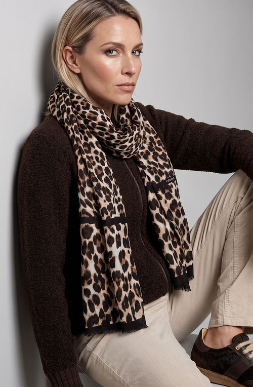 Coffee Bean Animal Print Lightweight Frayed Edge Scarf