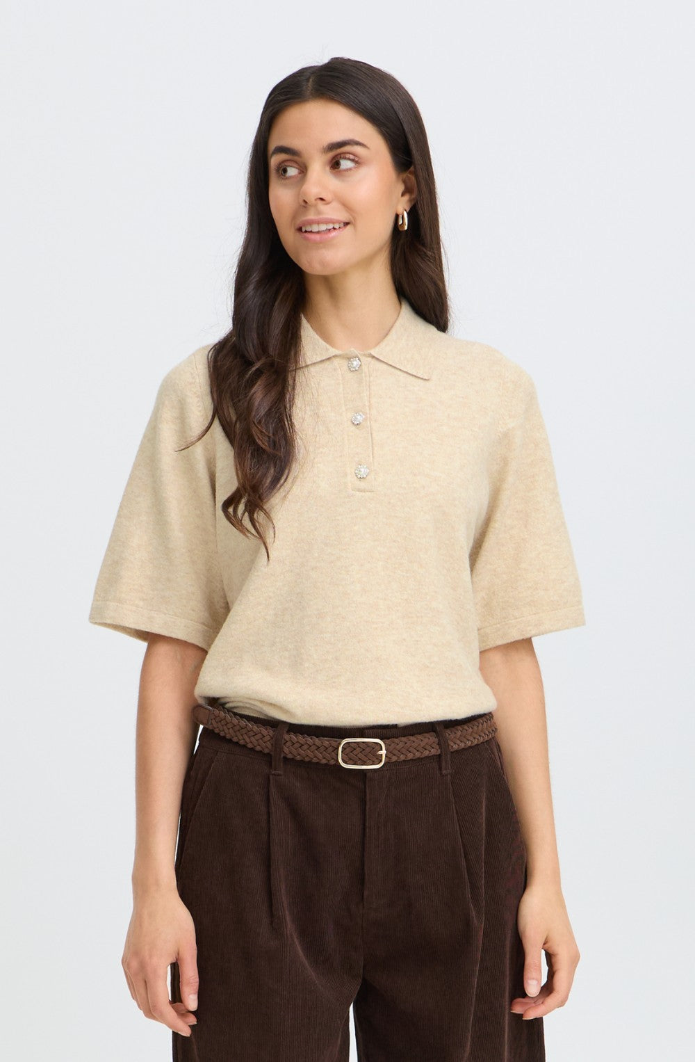 Oatmeal Melange Polo Style Jumper