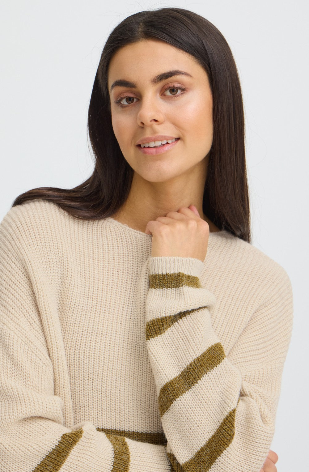 Oatmeal & Olive Striped Ribbed Knit Jumper