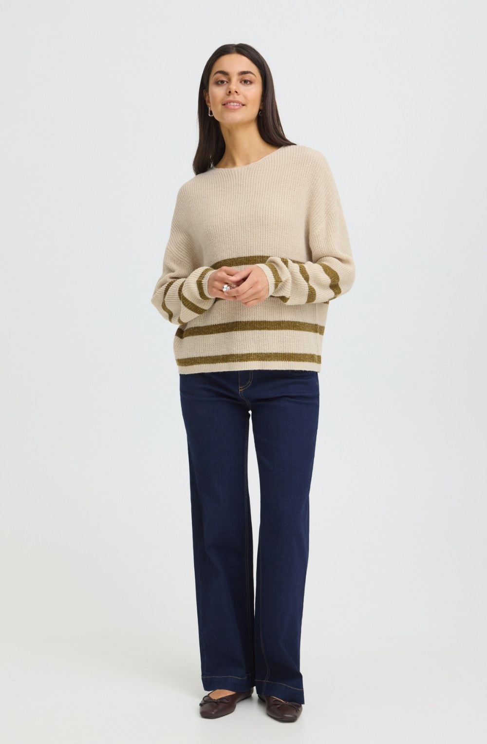 Oatmeal & Olive Striped Ribbed Knit Jumper