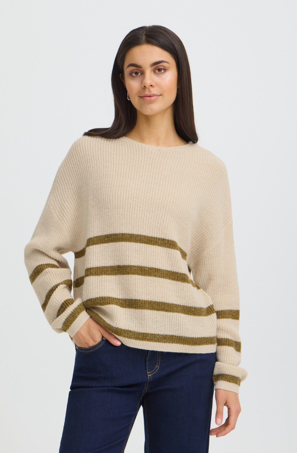 Oatmeal & Olive Striped Ribbed Knit Jumper