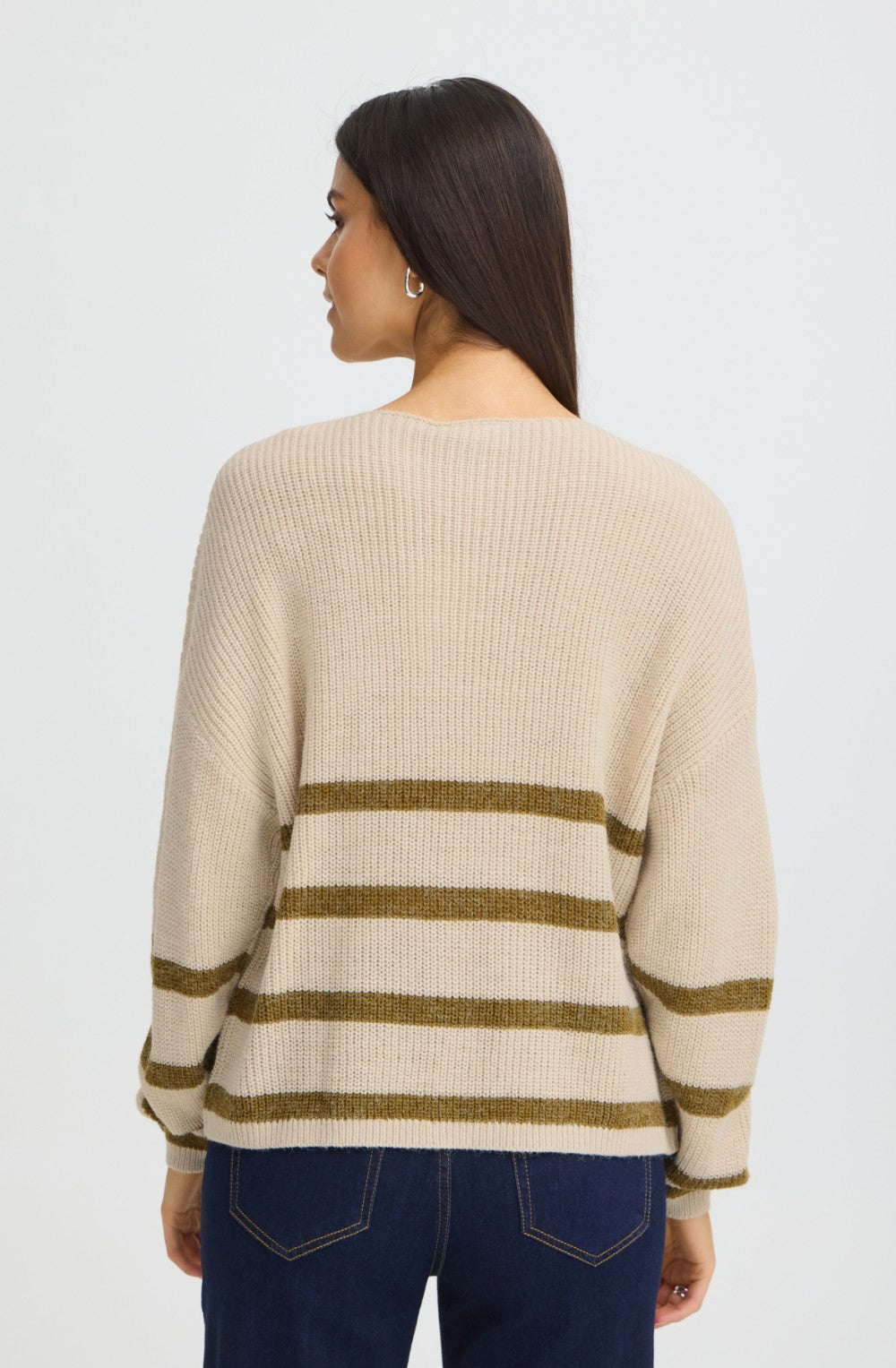 Oatmeal & Olive Striped Ribbed Knit Jumper