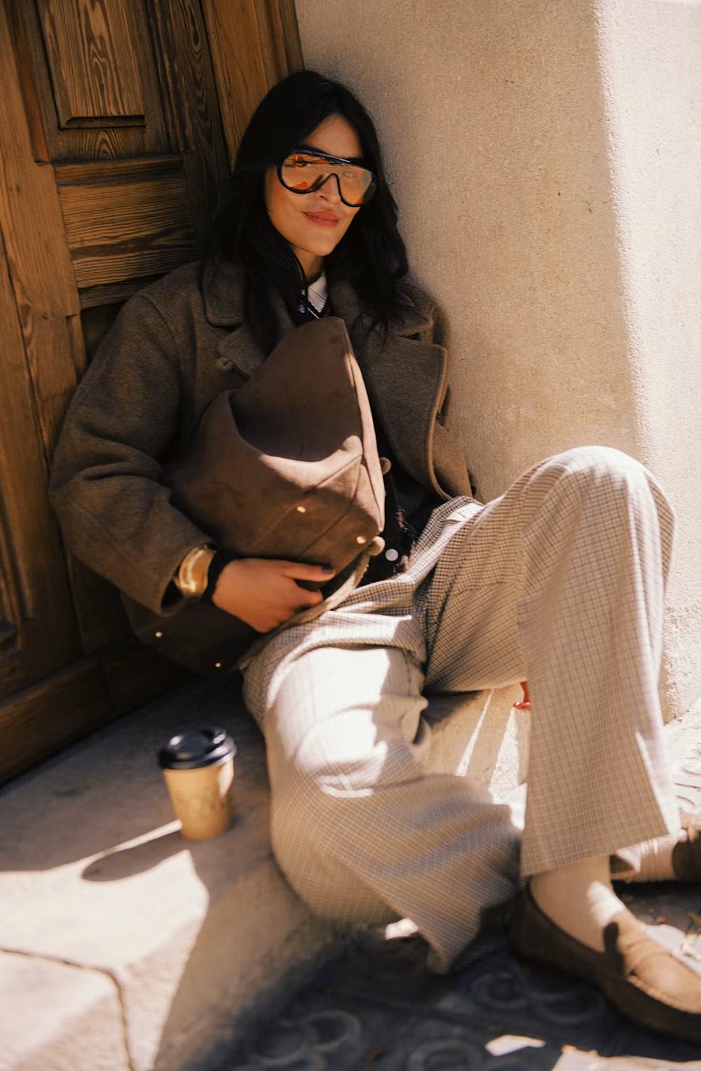 Sepia Check High Waist Wide Leg Trousers