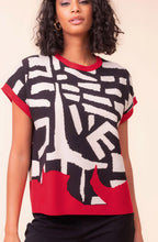 Red and Black Bold Pattern Capped Sleeve Pullover