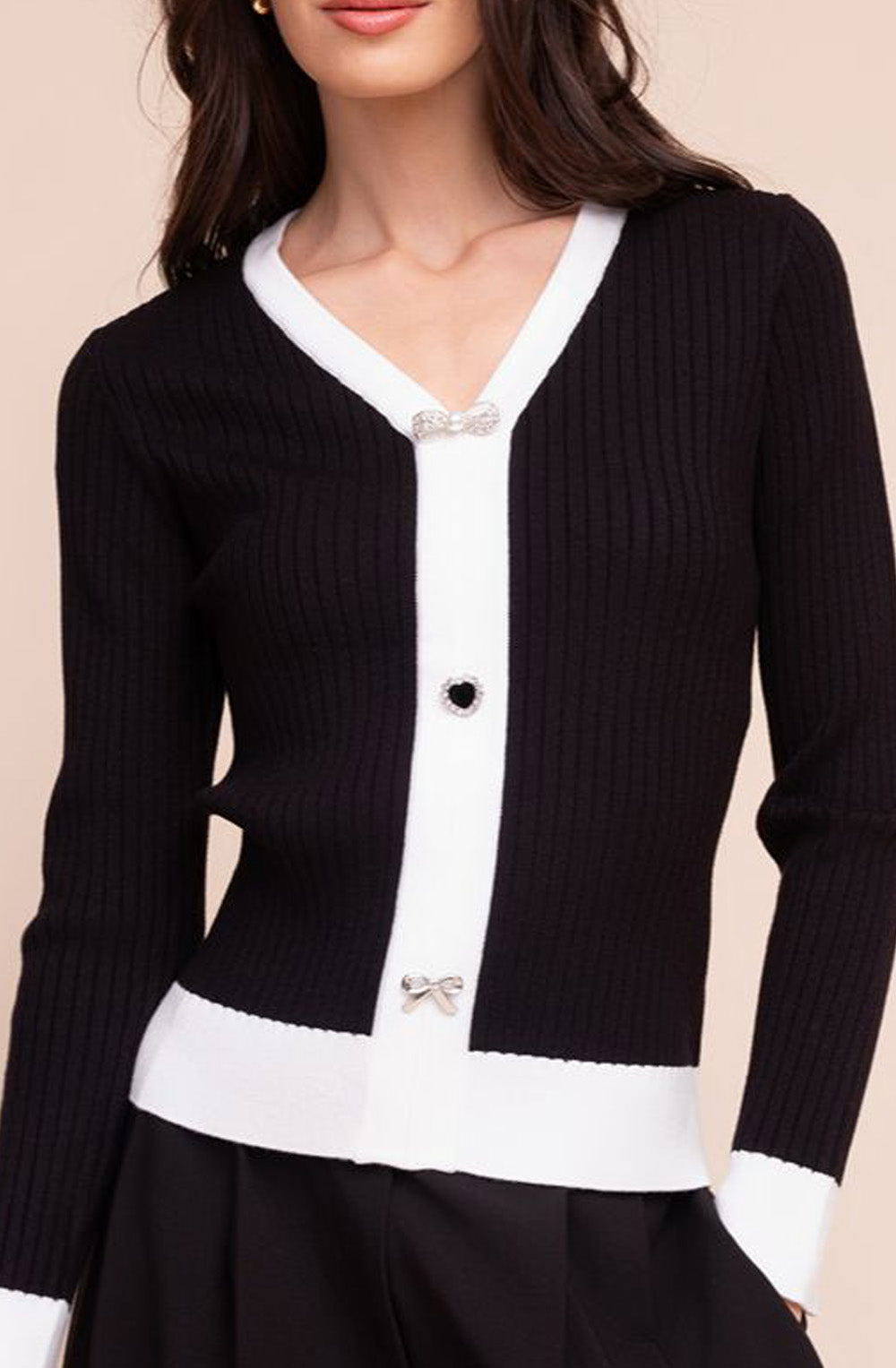 Black and White Statement Button V-Neck Jumper