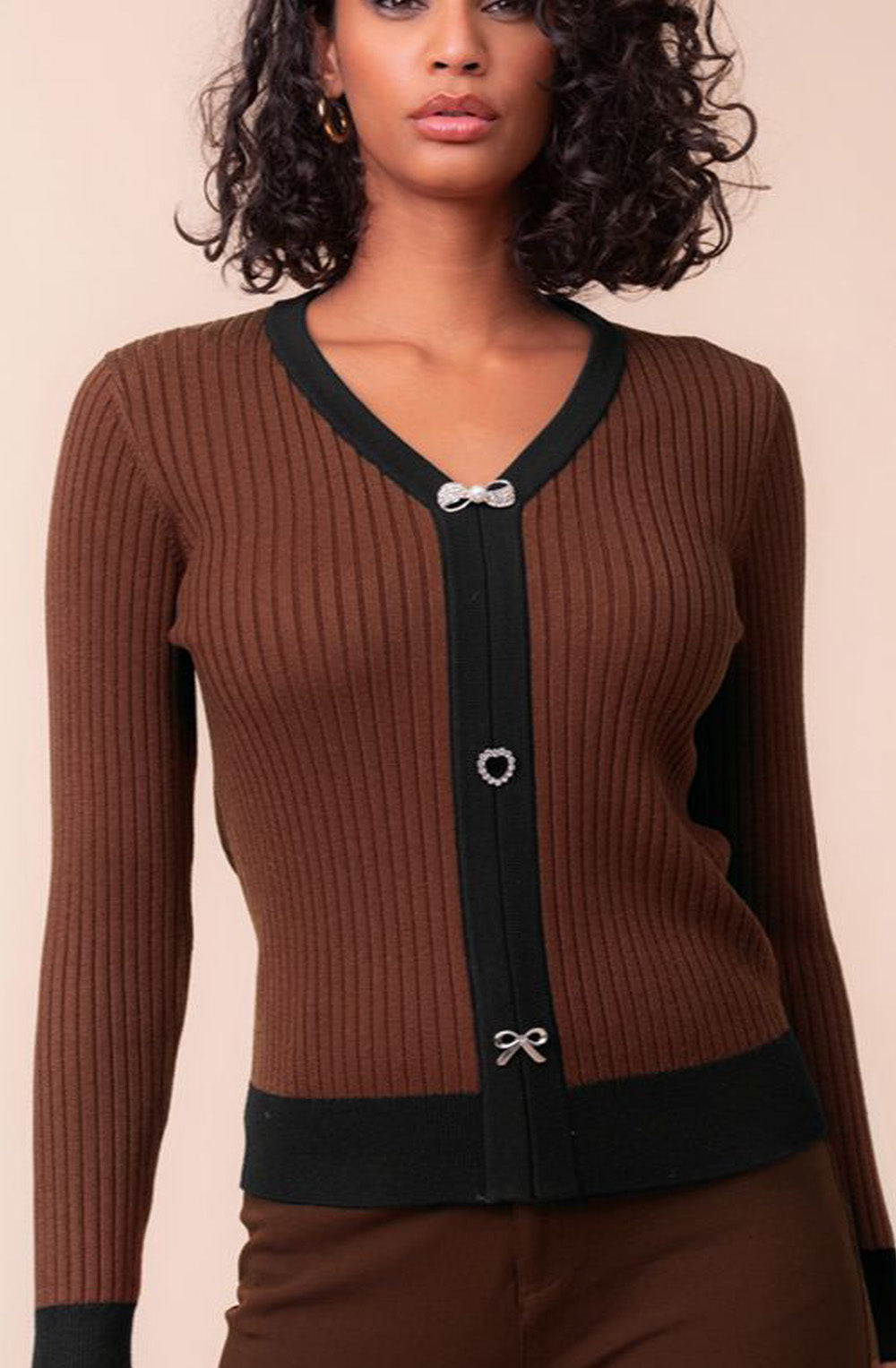 Brown and Black Statement Button V-Neck Jumper