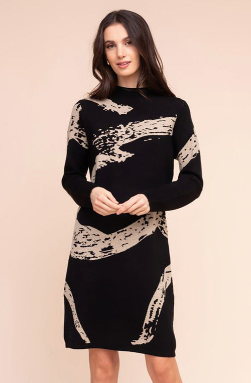 Beige and Black Patterned Knitted Dress