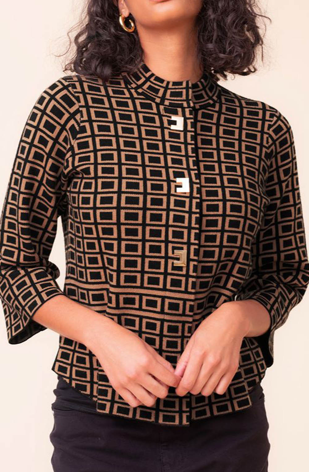 Camel Geometric Knitted Jacket