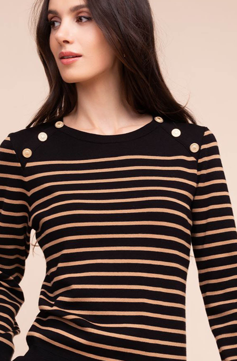 Camel and Black Gold Shoulder Buttons Jumper