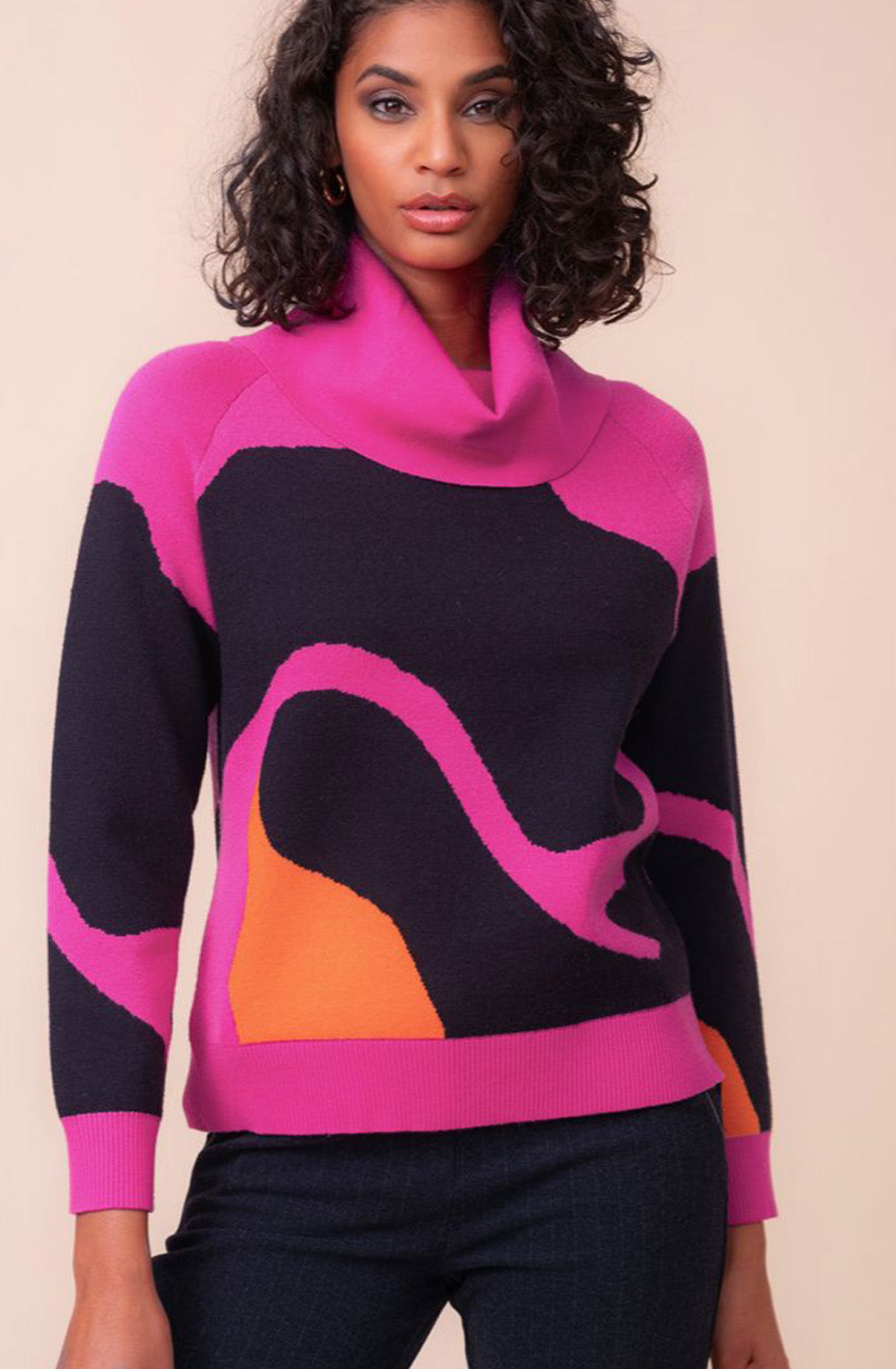 Fuchsia Bold Pattern Cowl Neck Jumper