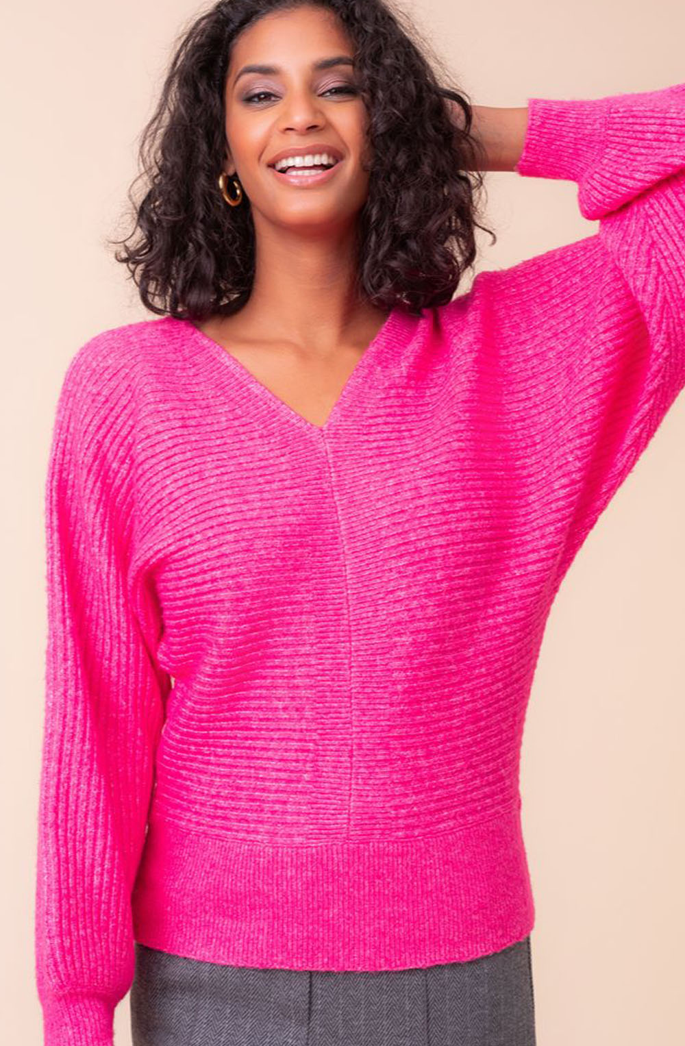 Fuchsia Relaxed V-Neck Balloon Sleeve Jumper