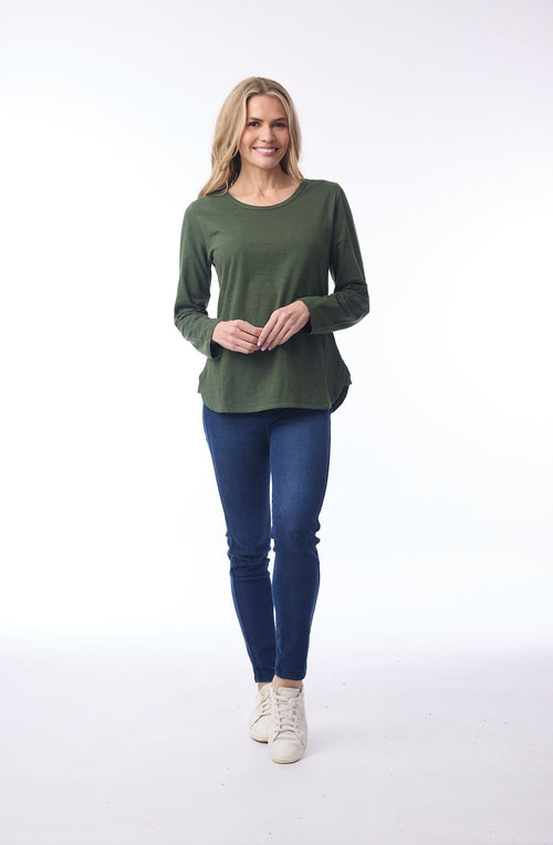 Military Green Curved Hemline Long Sleeve Top