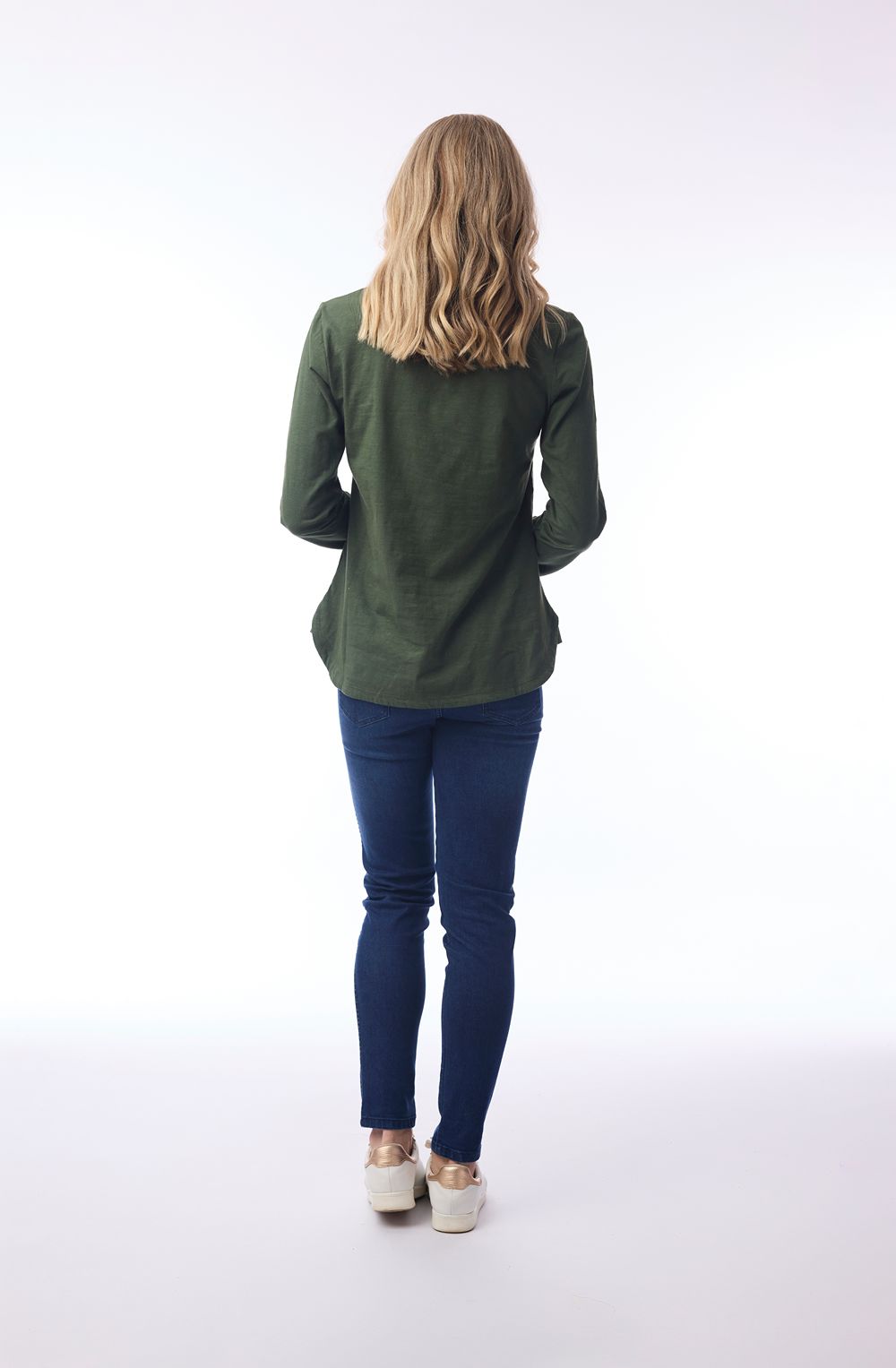 Military Green Curved Hemline Long Sleeve Top