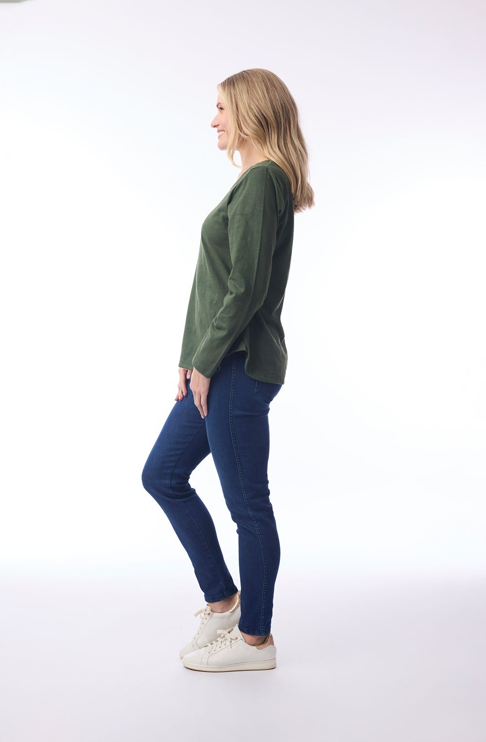 Military Green Curved Hemline Long Sleeve Top