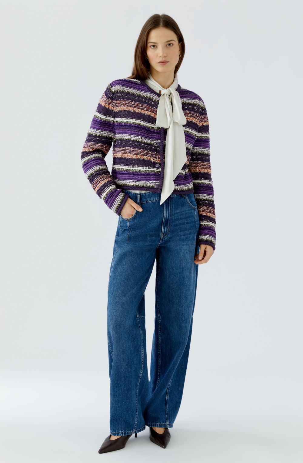 Purple Striped Woven Knit Cardigan