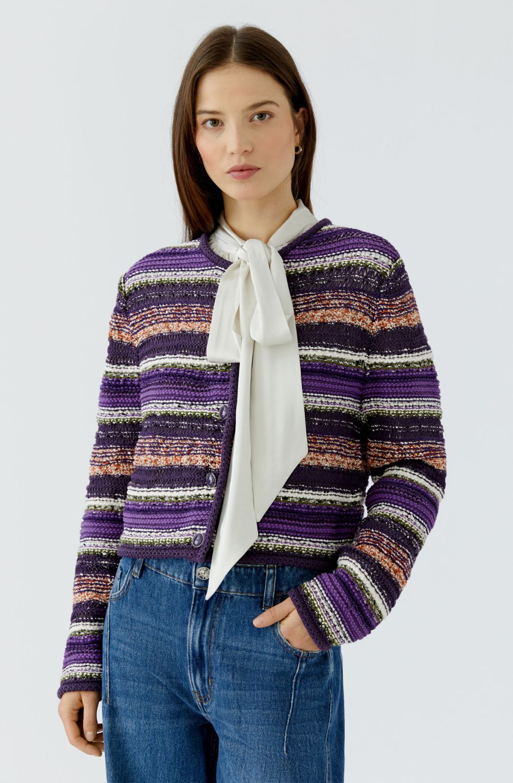 Purple Striped Woven Knit Cardigan