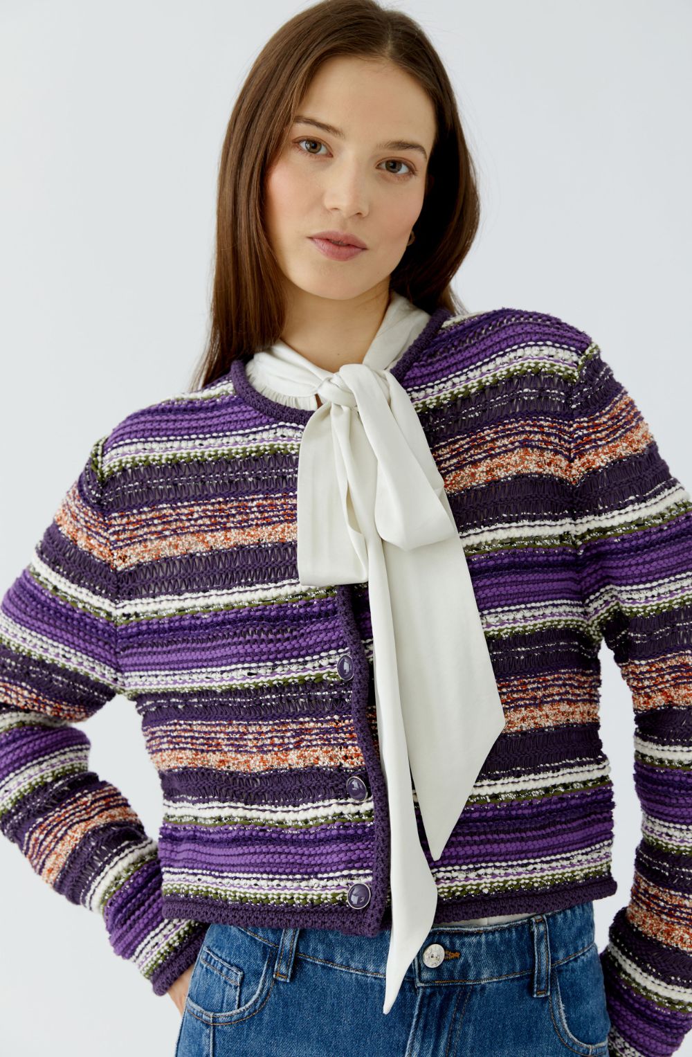 Purple Striped Woven Knit Cardigan