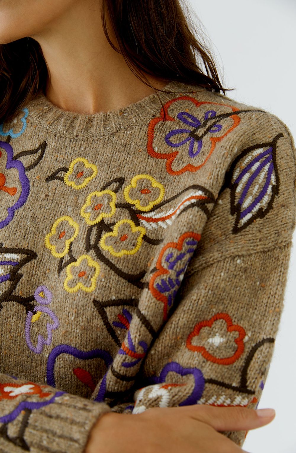 Camel Violet Floral Embroidered Jumper