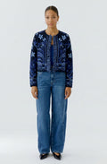 Dark Blue Cardigan Jacket with Botanical Print
