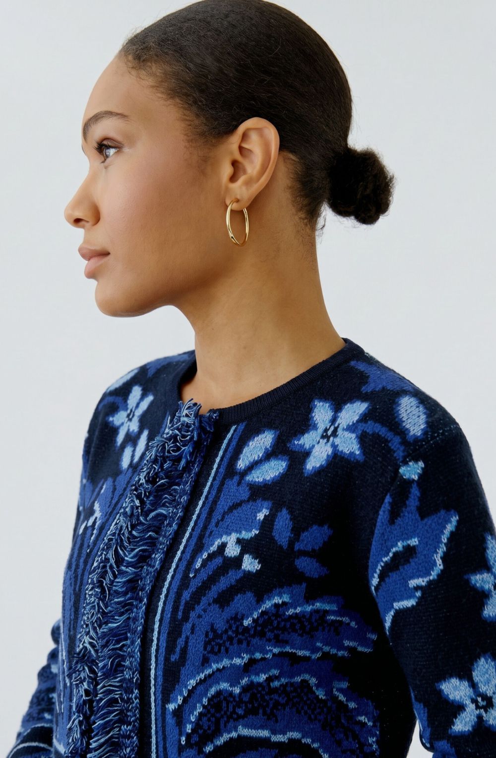 Dark Blue Cardigan Jacket with Botanical Print