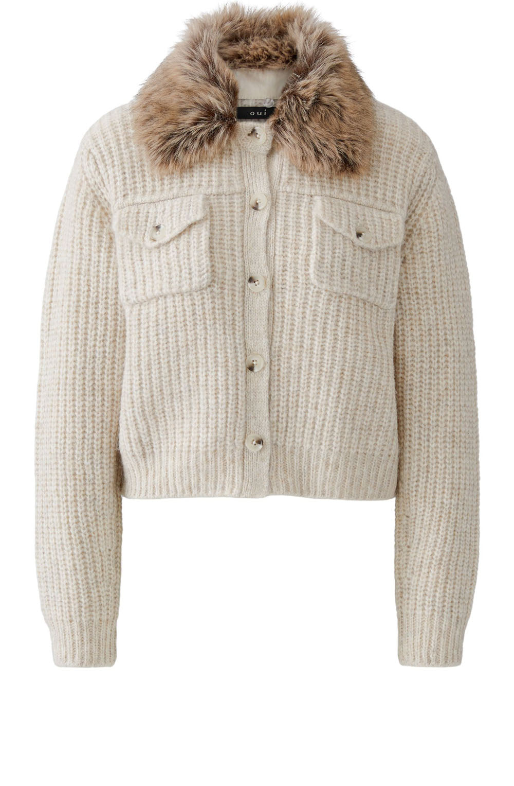 Beige Melange Cardigan Jacket with Faux Fur Collar