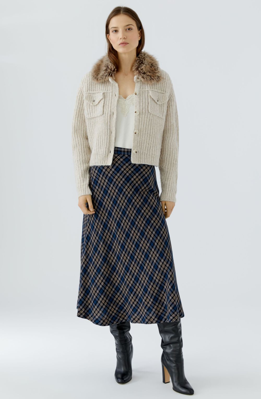 Beige Melange Cardigan Jacket with Faux Fur Collar