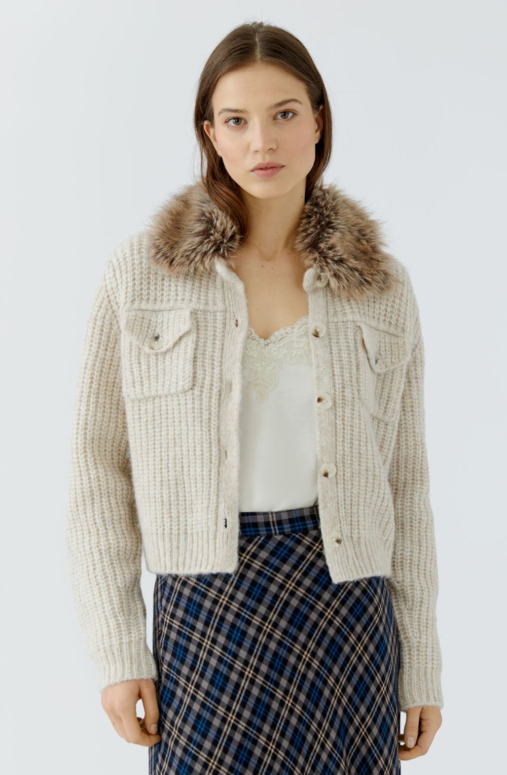 Beige Melange Cardigan Jacket with Faux Fur Collar