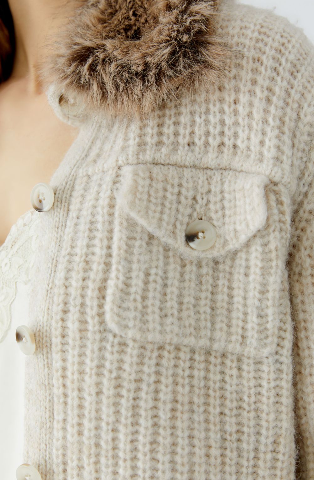 Beige Melange Cardigan Jacket with Faux Fur Collar