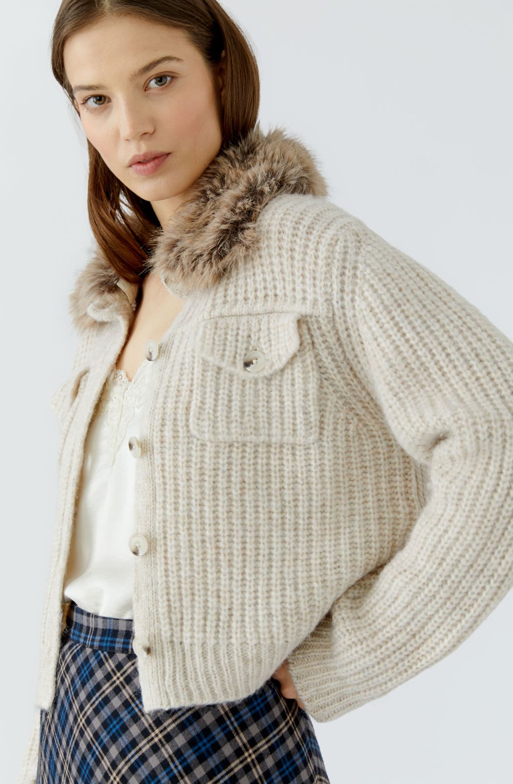 Beige Melange Cardigan Jacket with Faux Fur Collar