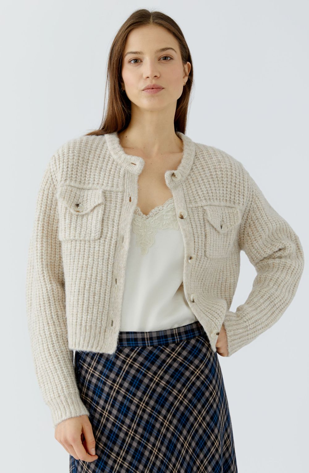 Beige Melange Cardigan Jacket with Faux Fur Collar